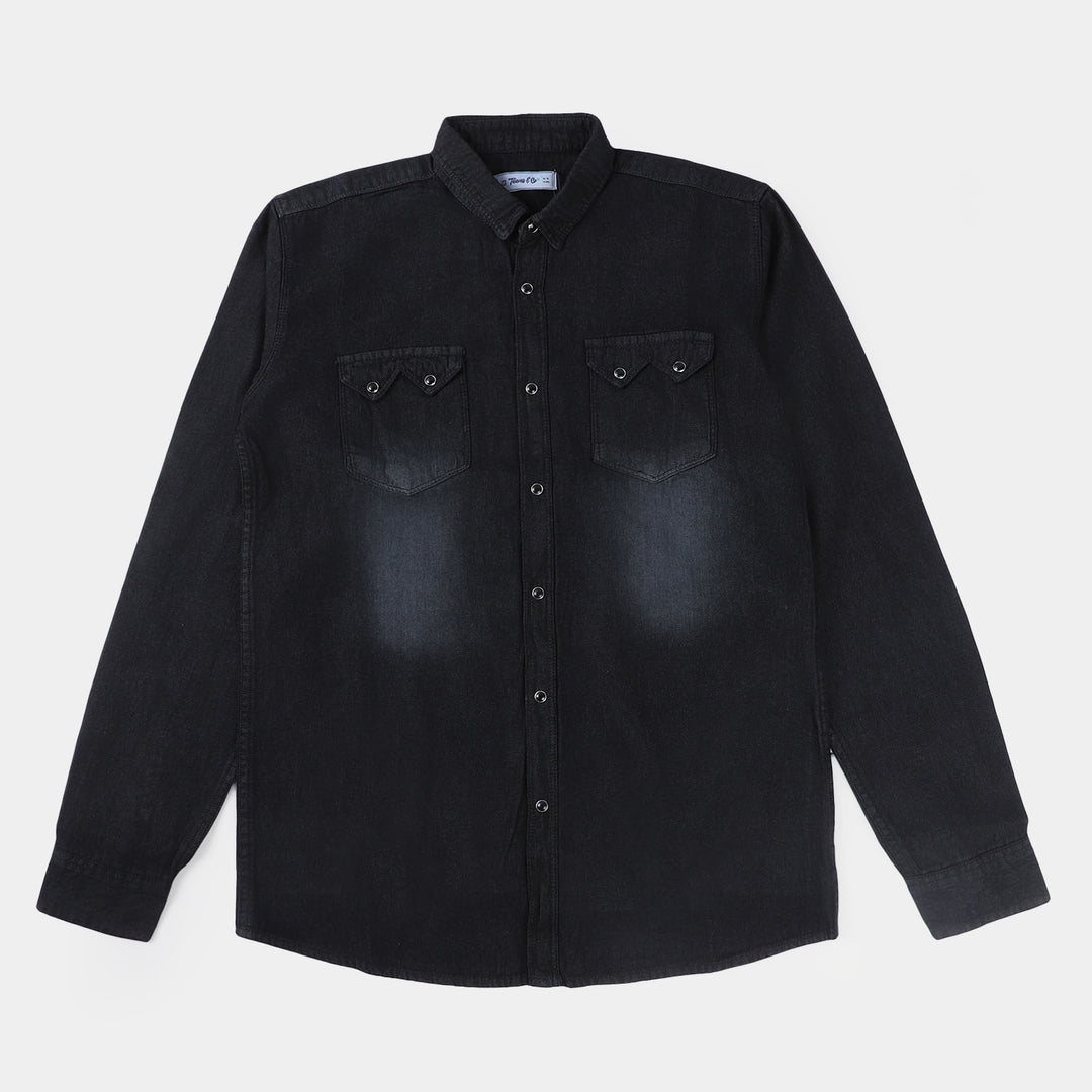 Teens Boys Denim Casual Shirt Solid-BLACK