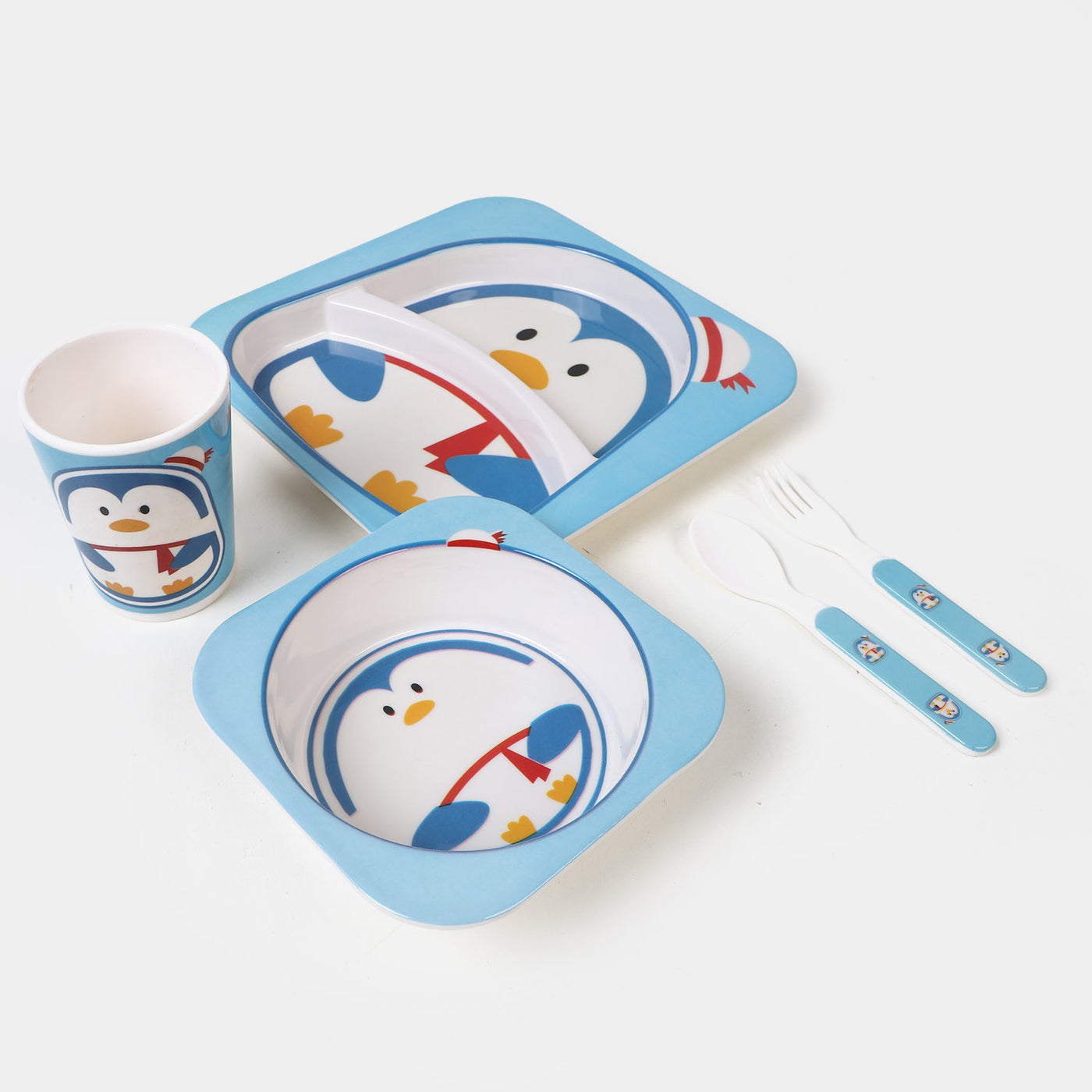 Baby Feeding Bowl Plate Dishes Fork Spoon Cup 5Pcs/Set - Penguin