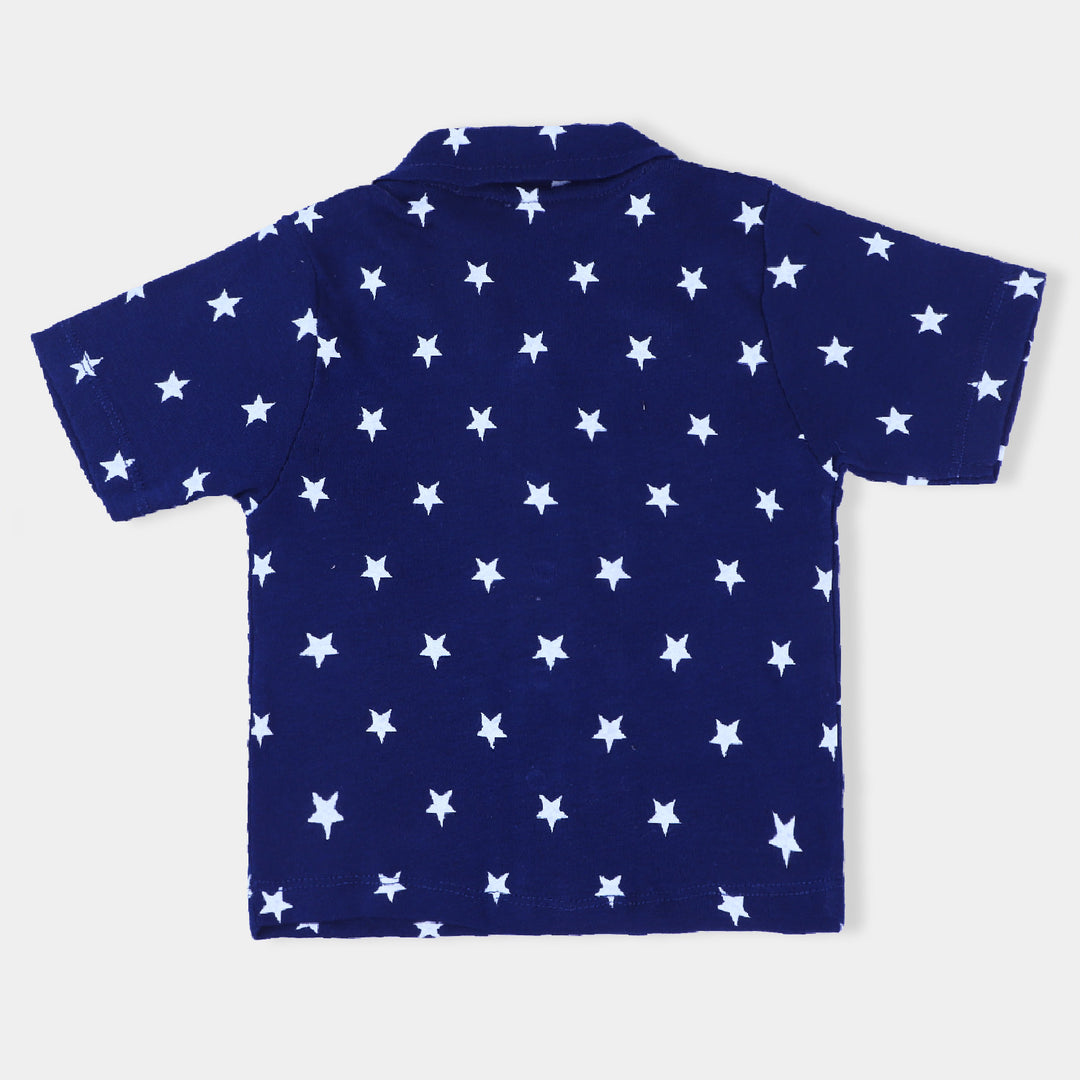 Infant Boys Cotton Jersey Knitted Night Suit Stars-NAVY