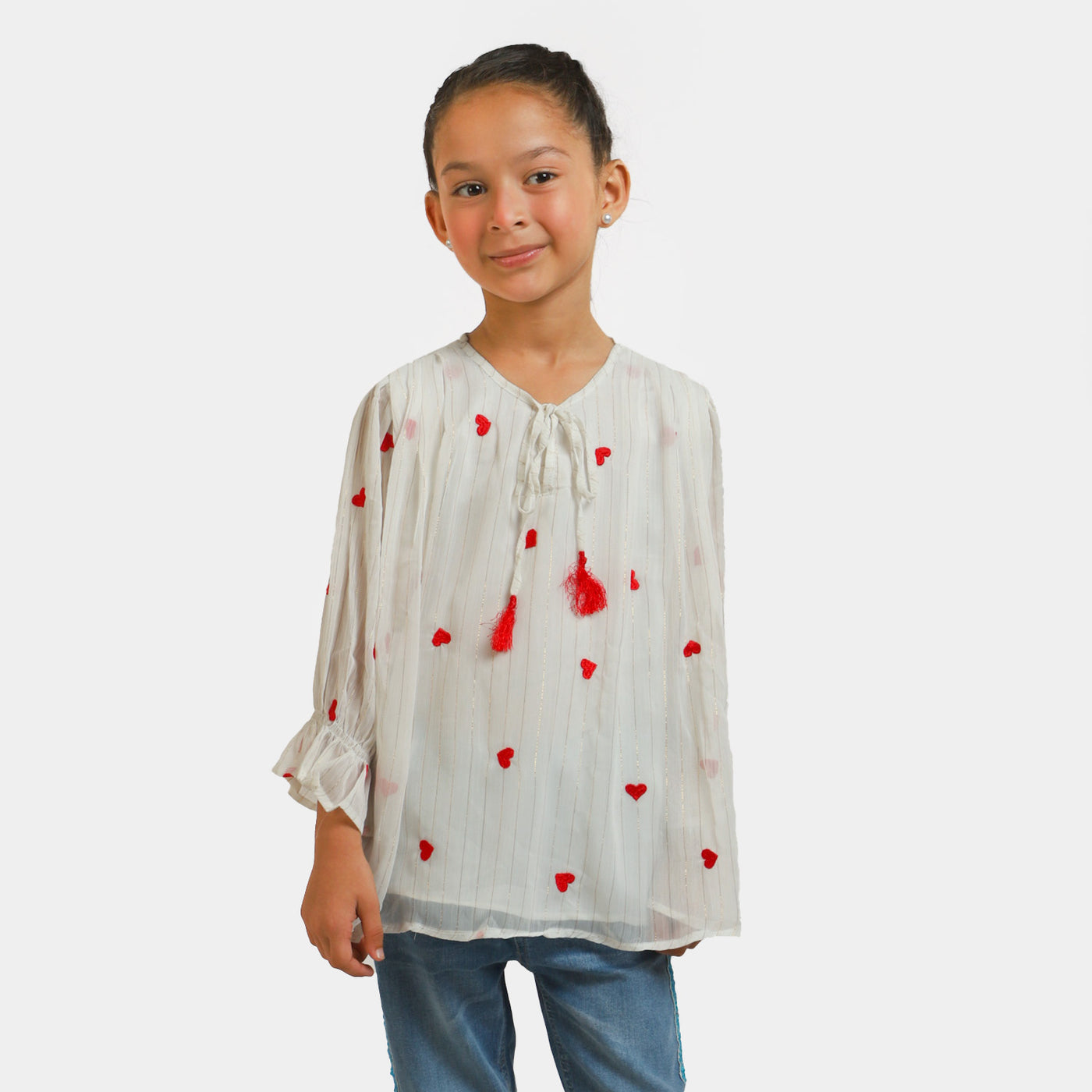 Girls Chiffon Embroidered Top Red Hearts - White