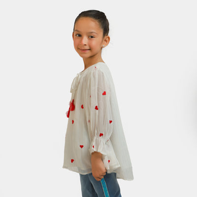 Girls Chiffon Embroidered Top Red Hearts - White