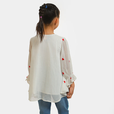 Girls Chiffon Embroidered Top Red Hearts - White