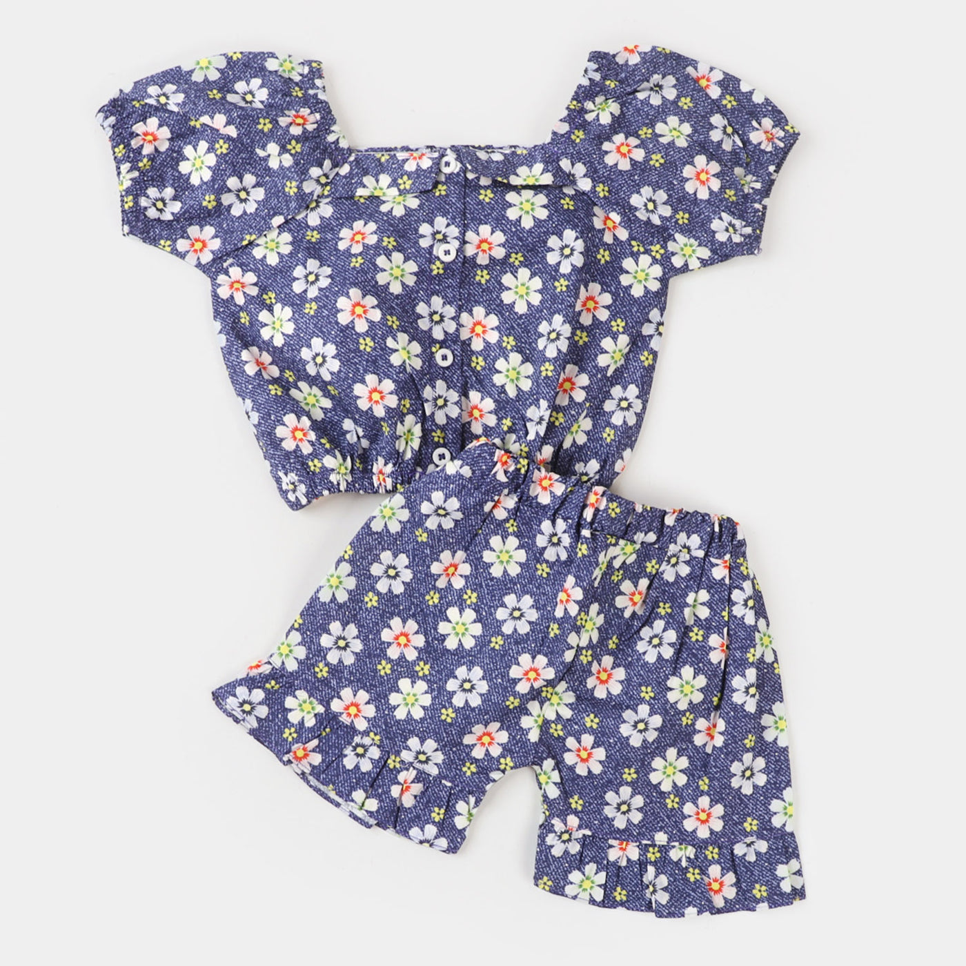 Infant Girls Woven Suit Denim Texture Flower - Blue