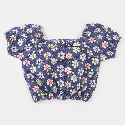 Infant Girls Woven Suit Denim Texture Flower - Blue