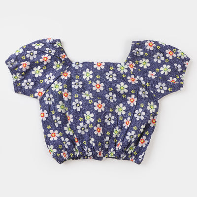 Infant Girls Woven Suit Denim Texture Flower - Blue