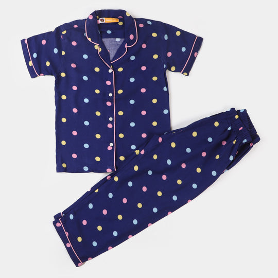 Girls Woven Night Suit Printed Polka Dots - Blue