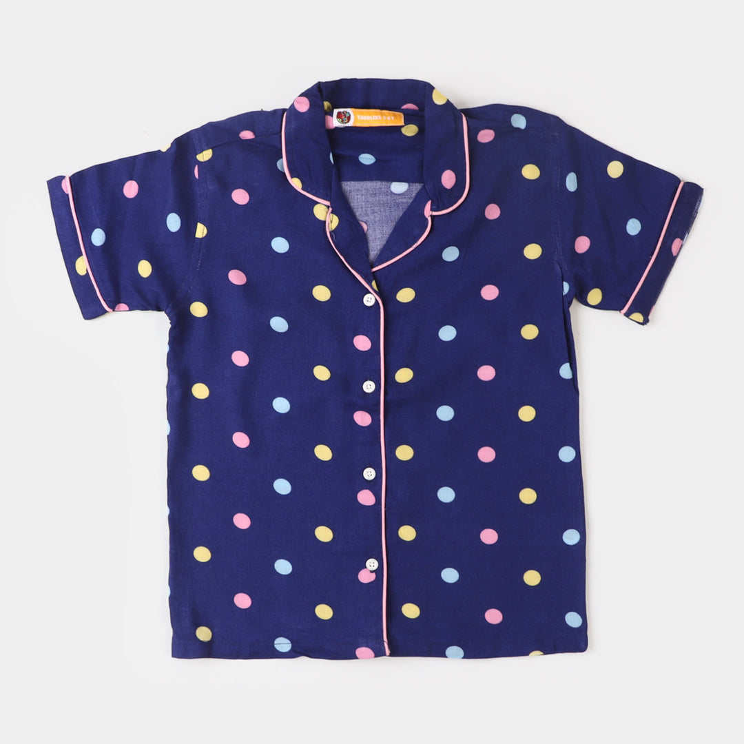 Girls Woven Night Suit Printed Polka Dots - Blue