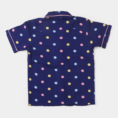 Girls Woven Night Suit Printed Polka Dots - Blue