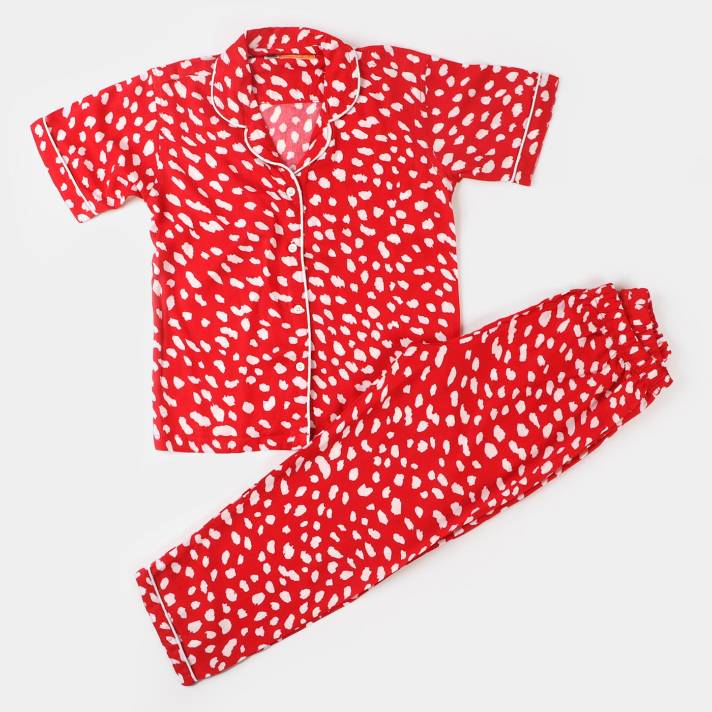 Girls Woven Night Suit Printed Dots - Red