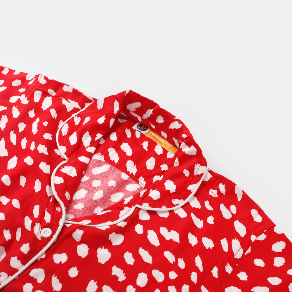 Girls Woven Night Suit Printed Dots - Red