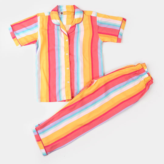 Girls Woven Night Suit Multi Stripes - Multi