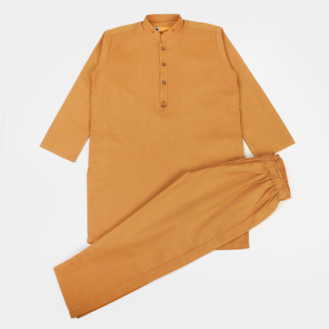 Boys Embroidered Kurta Pajama Suit - Mustard