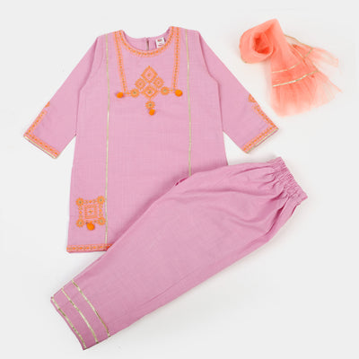 Girls Cotton 3PCs Suit Dil Naz - Pink