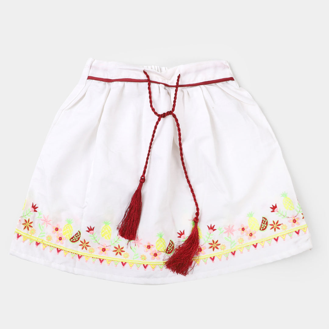 Girls Cotton Skirt Fruits Embroidery- White