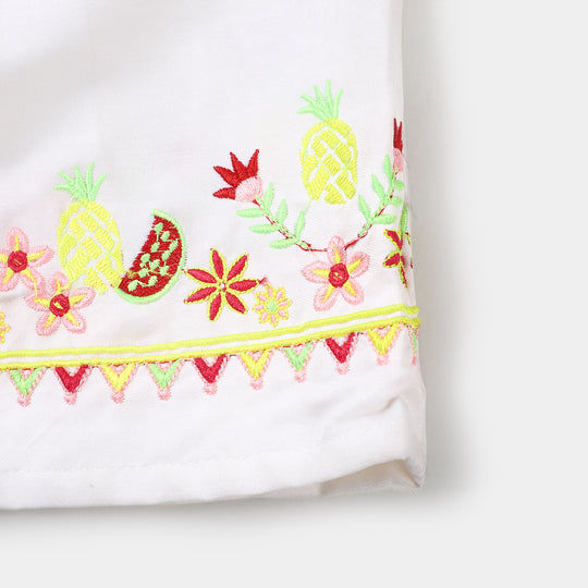 Girls Cotton Skirt Fruits Embroidery- White