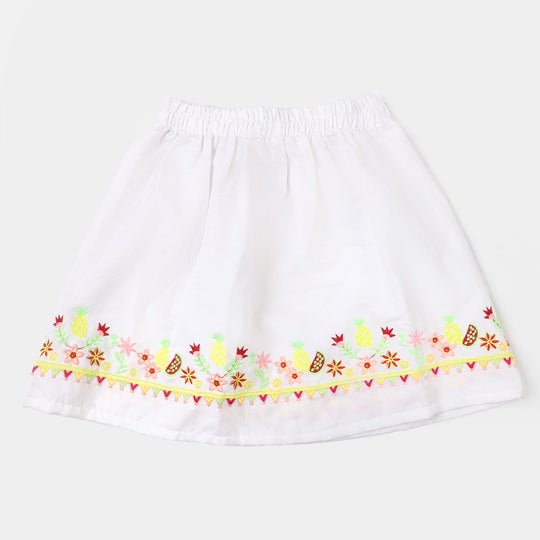 Girls Cotton Skirt Fruits Embroidery- White