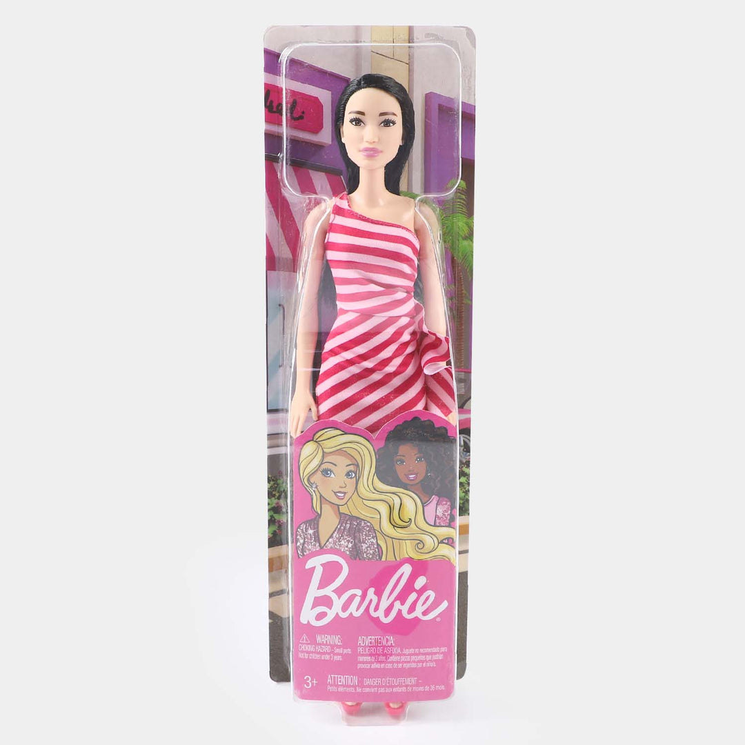 Barbie Doll With Pink Stripe Ruffle Dress