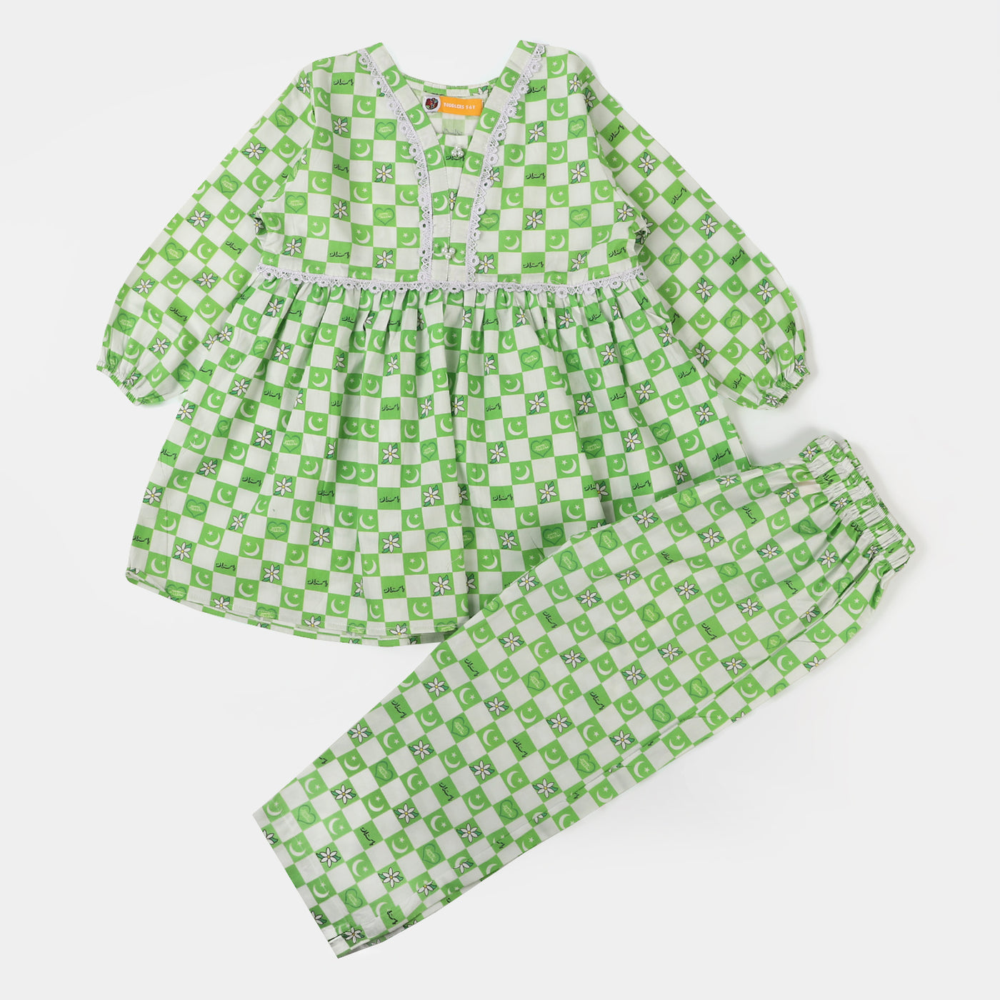 Girls Cotton Independence Co-ord Set Chand Sitara - Green