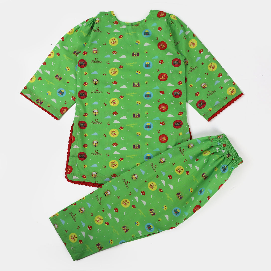 Girls Cotton Independence Co-ord Set Hamari Sawari - Green