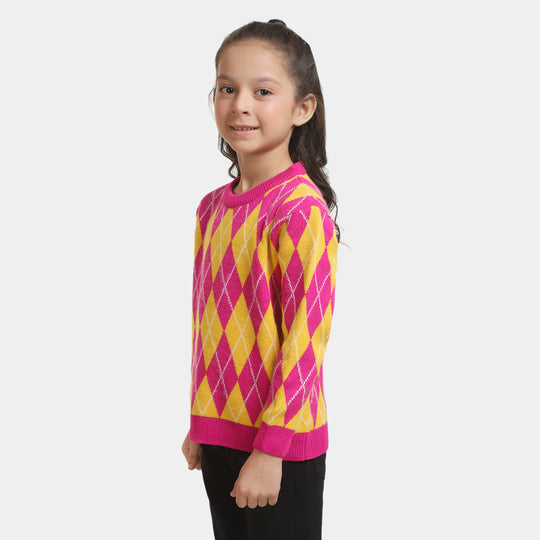 Girls Crew Neck Sweater -Pink/Yellow