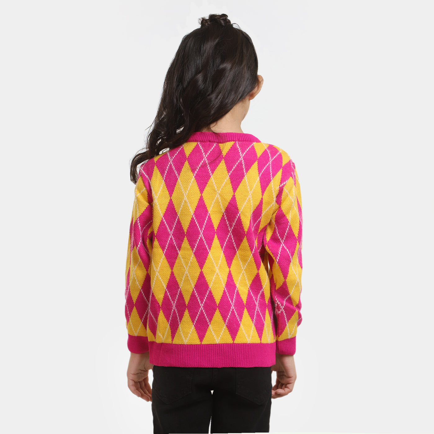 Girls Crew Neck Sweater -Pink/Yellow