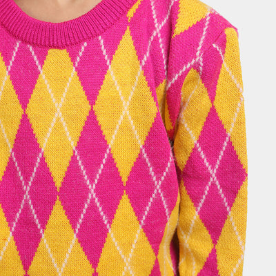 Girls Crew Neck Sweater -Pink/Yellow