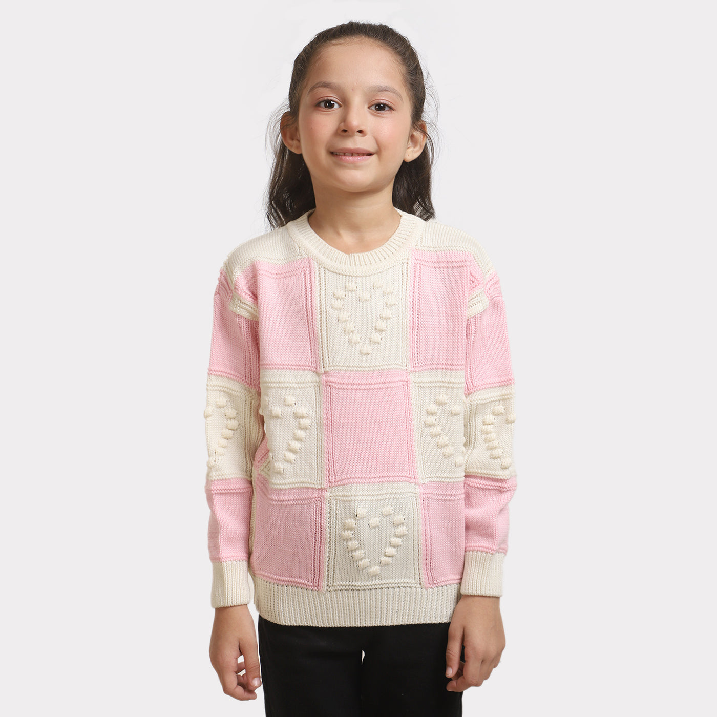 Girls Crew Neck Sweater -Pink/White