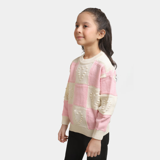 Girls Crew Neck Sweater -Pink/White