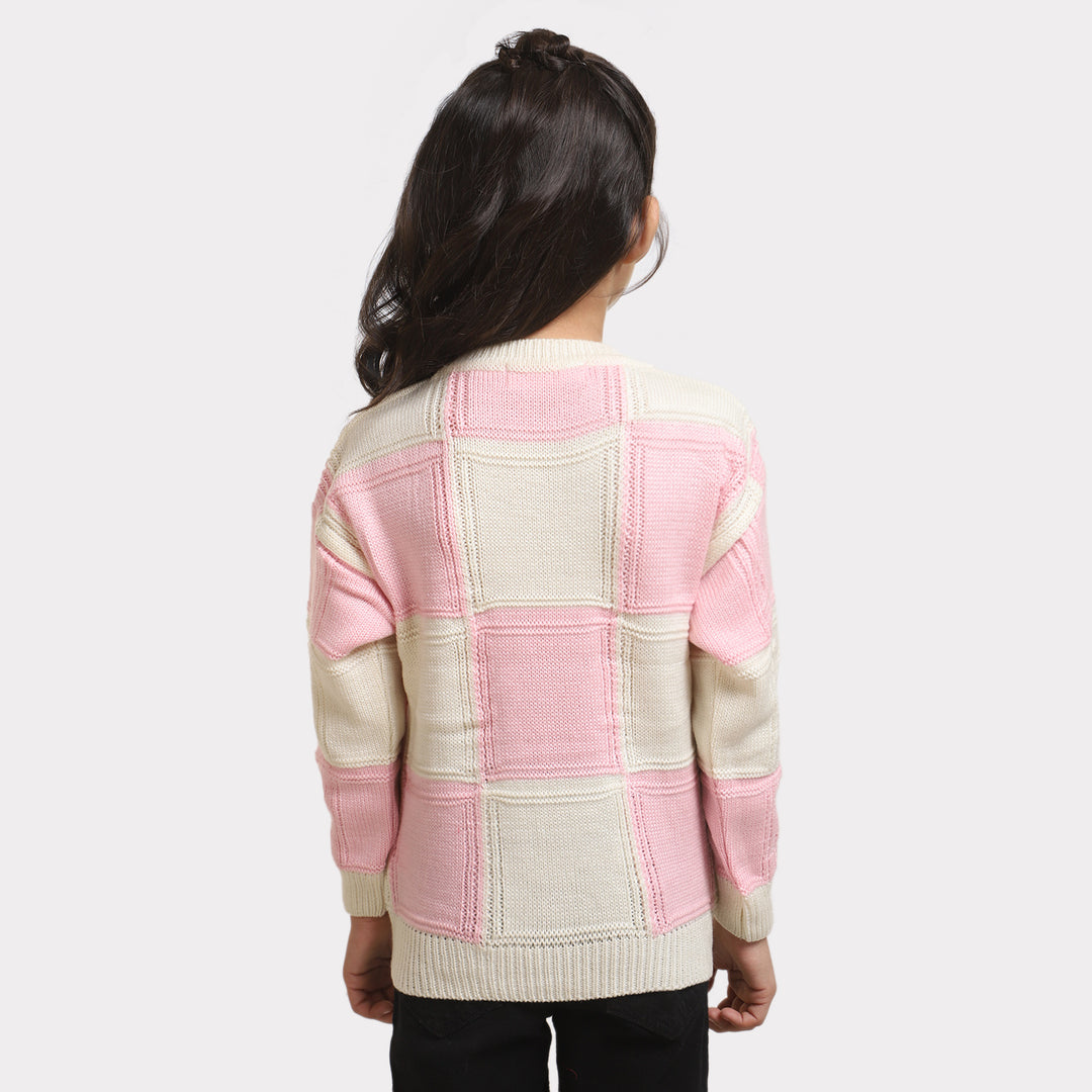 Girls Crew Neck Sweater -Pink/White