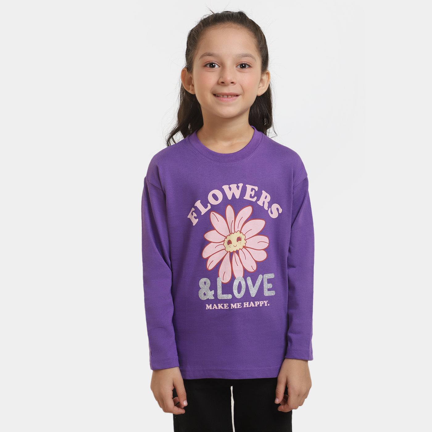 Girls Cotton T-Shirt F/S Flowers Love- Purple