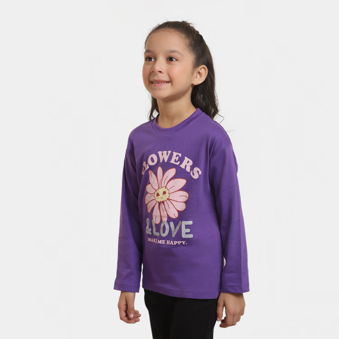 Girls Cotton T-Shirt F/S Flowers Love- Purple