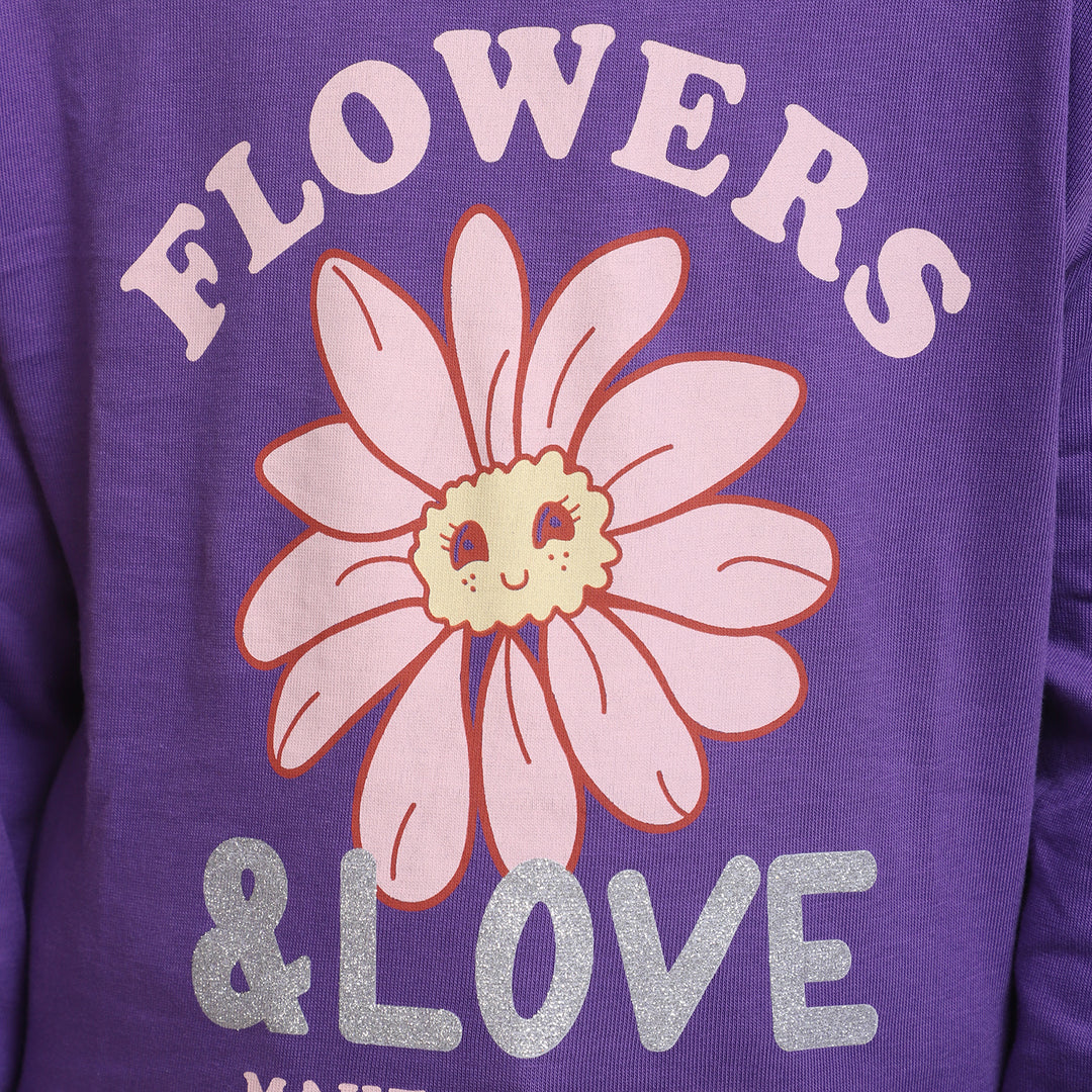 Girls Cotton T-Shirt F/S Flowers Love- Purple