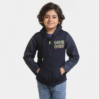 Boys Knitted Jacket Puffer Sleeves-Navy Blue