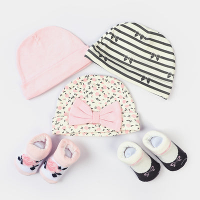 Infant 3PCs Cap With 2 Pair Socks Set | 0-9M