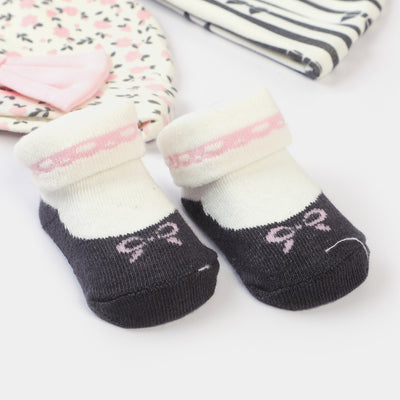 Infant 3PCs Cap With 2 Pair Socks Set | 0-9M