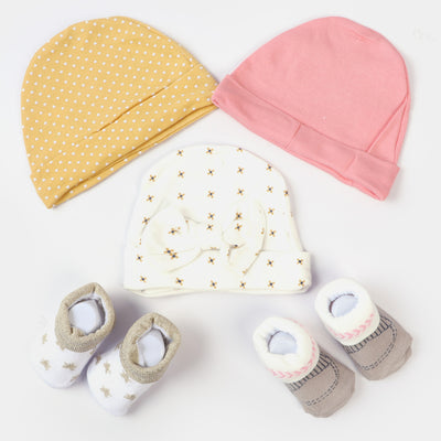 Infant 3PCs Cap With 2 Pair Socks Set | 0-9M