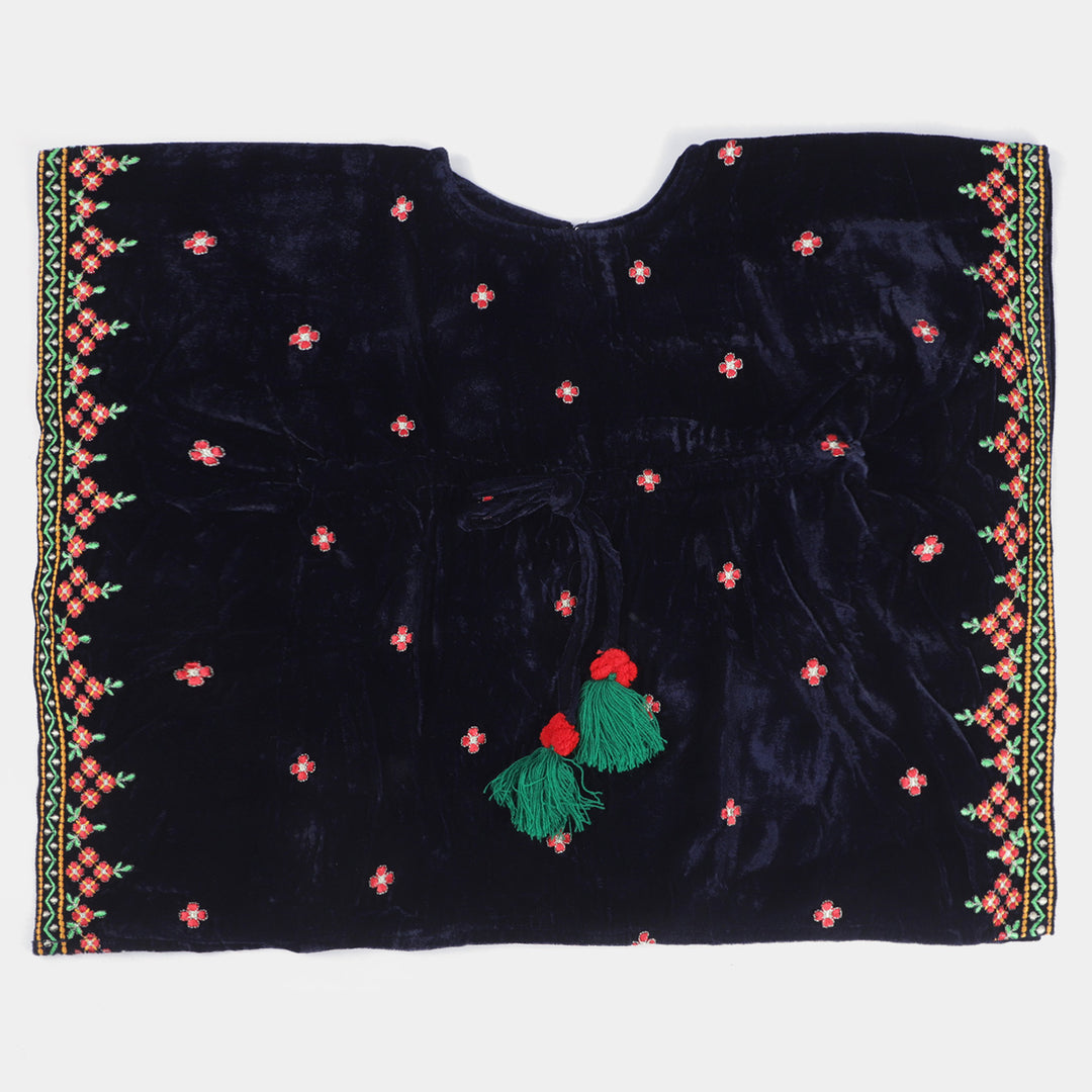 Girls Velvet Embroidered Top Kaftan-Navy Blue