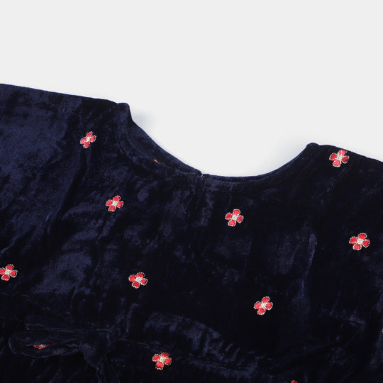 Girls Velvet Embroidered Top Kaftan-Navy Blue