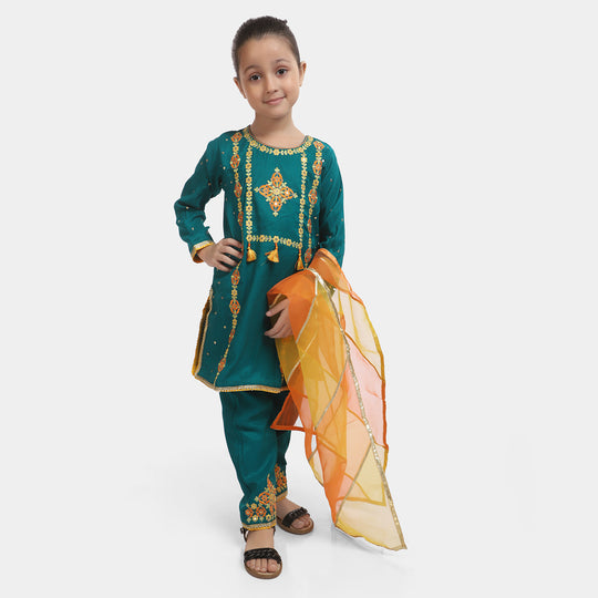 Girls Silk 3PC Suit Riwayat-Sea Green