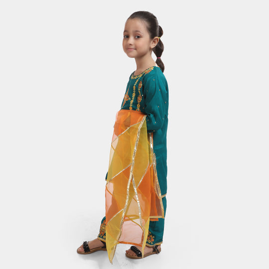 Girls Silk 3PC Suit Riwayat-Sea Green