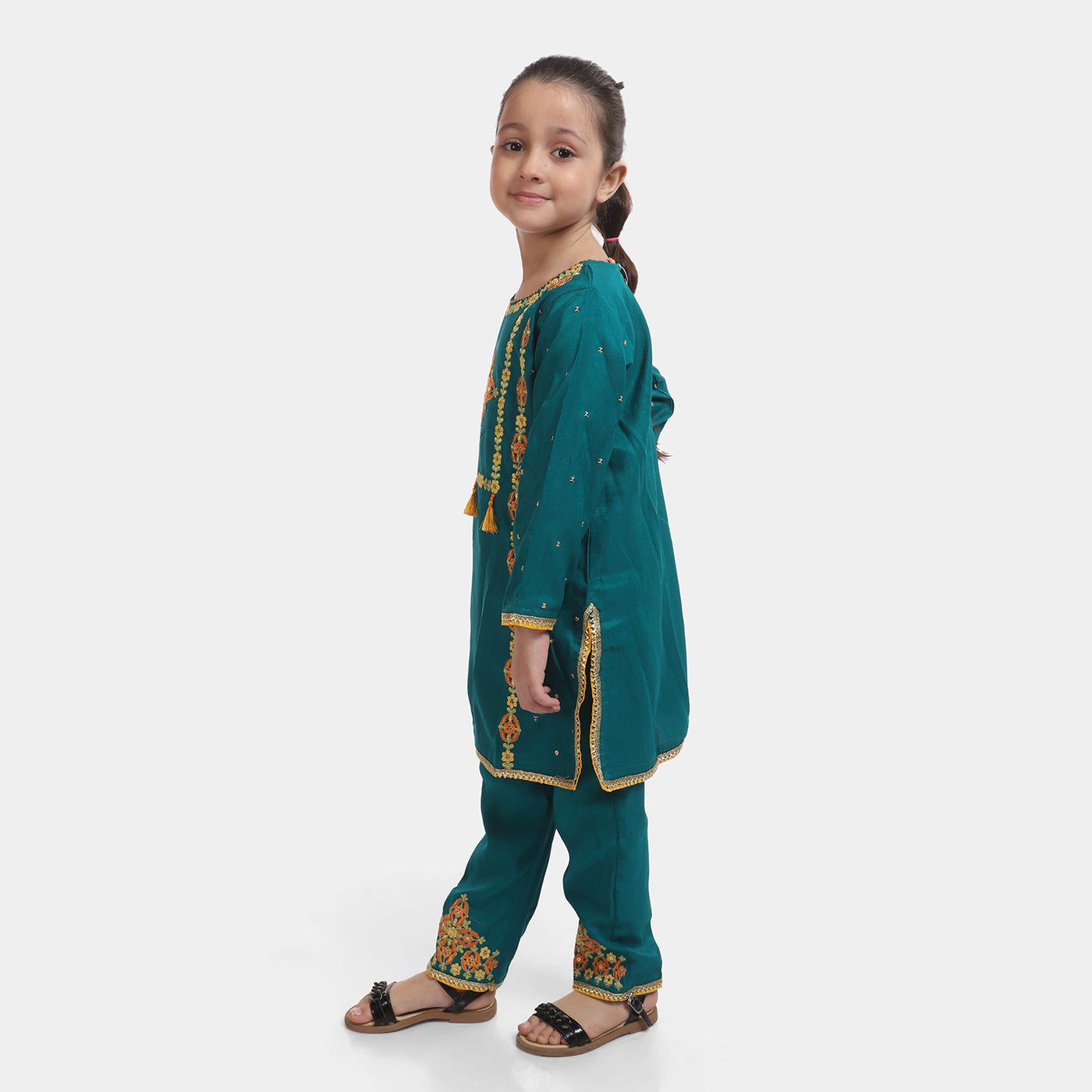 Girls Silk 3PC Suit Riwayat-Sea Green