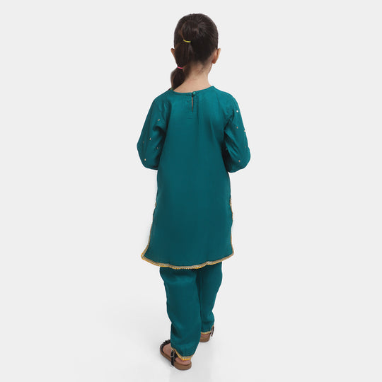 Girls Silk 3PC Suit Riwayat-Sea Green