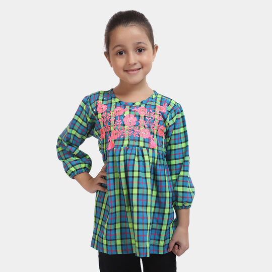 Girls Yarn Dyed EMB Top Flower Yard-Blue Check