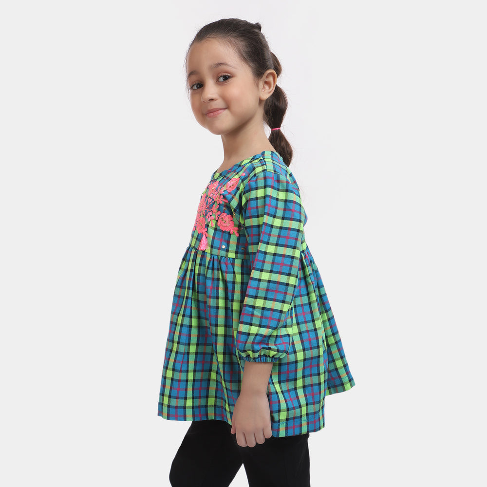 Girls Yarn Dyed EMB Top Flower Yard-Blue Check