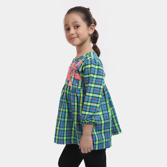 Girls Yarn Dyed EMB Top Flower Yard-Blue Check