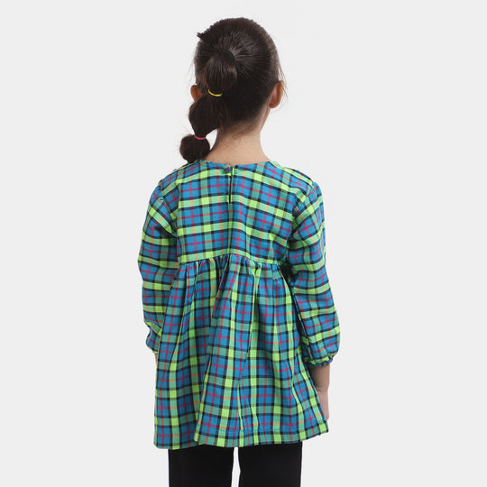 Girls Yarn Dyed EMB Top Flower Yard-Blue Check