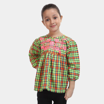 Girls Yarn Dyed EMB Top Flower Yard-Red Check