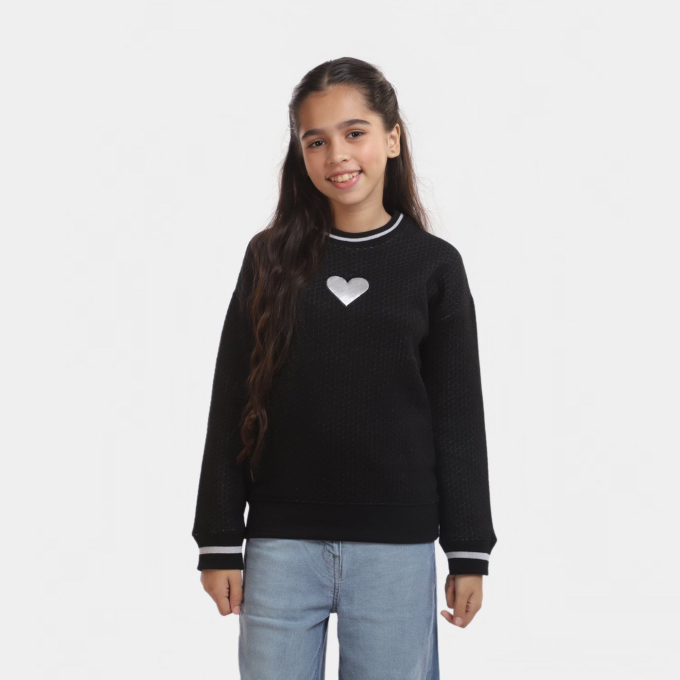 Girls Fleece Sweatshirt Quilted Heart-BLACK