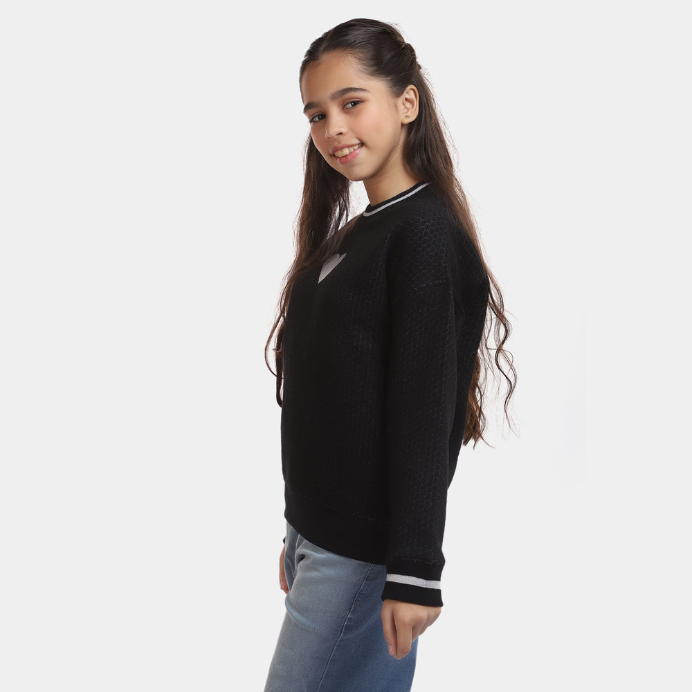 Girls Fleece Sweatshirt Quilted Heart-BLACK