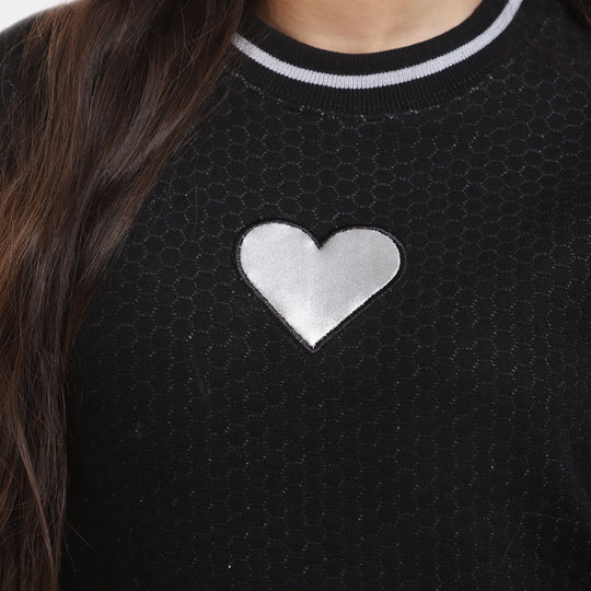 Girls Fleece Sweatshirt Quilted Heart-BLACK